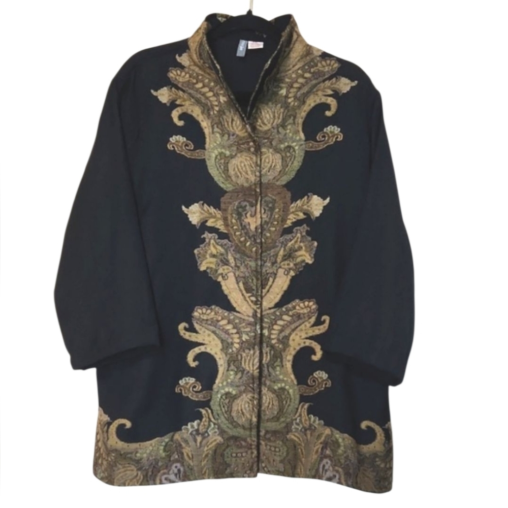 Anu 100% Wool Tapestry Trim Artsy Cardigan Jacket Black Size XXL